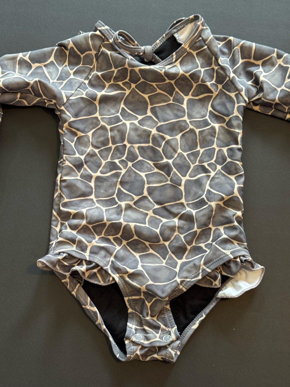 Long-Sleeve Kids One-Piece Ruffle Swimsuit in Gray Giraffe Print